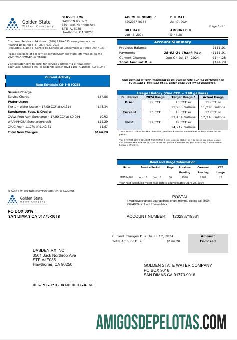 Para baixar modelo de conta de serviços públicos da empresa Golden State Water Company dos EUA, Califórnia, em formatos Word e PDF